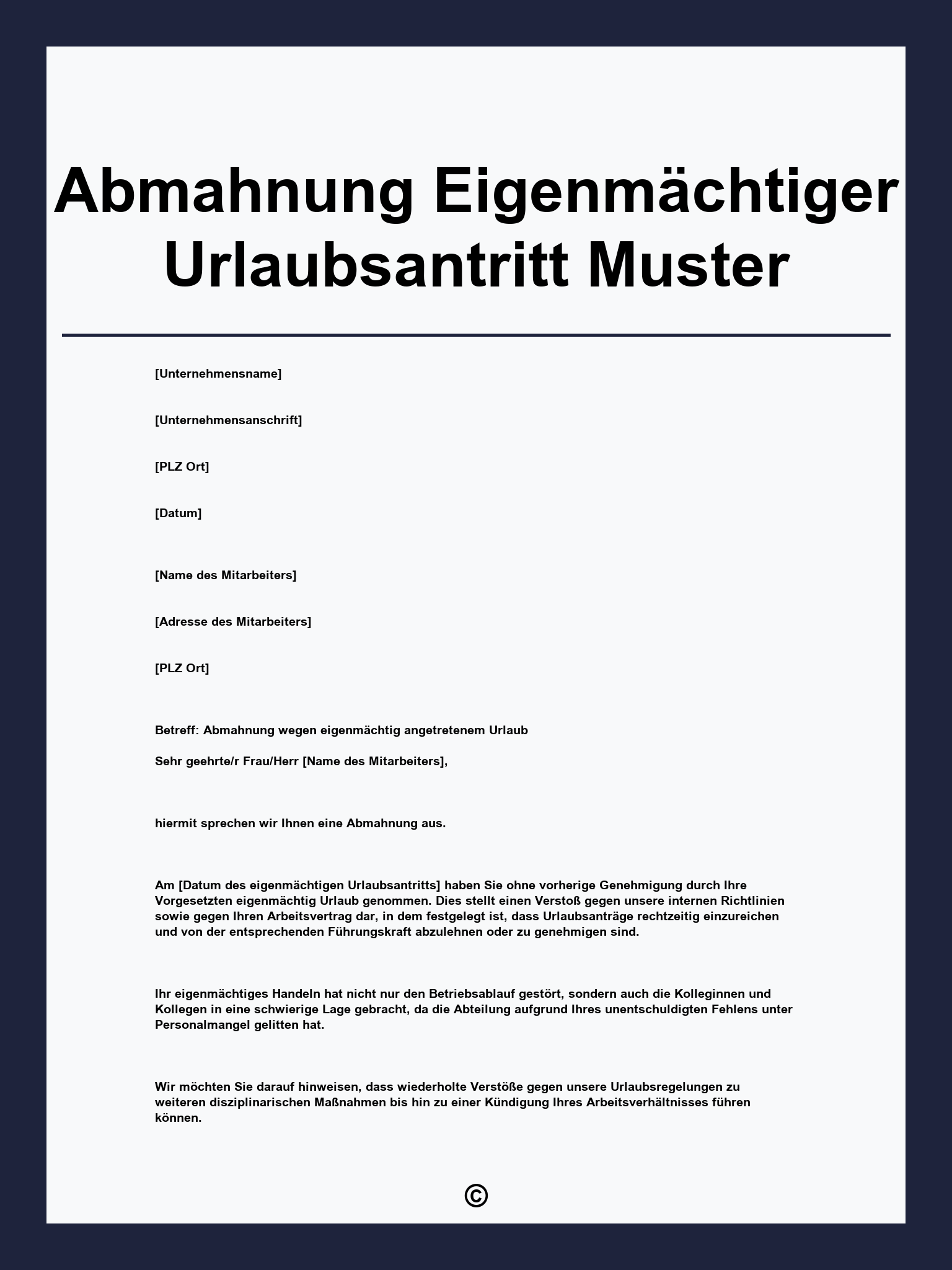 Abmahnung Eigenmächtiger Urlaubsantritt Muster