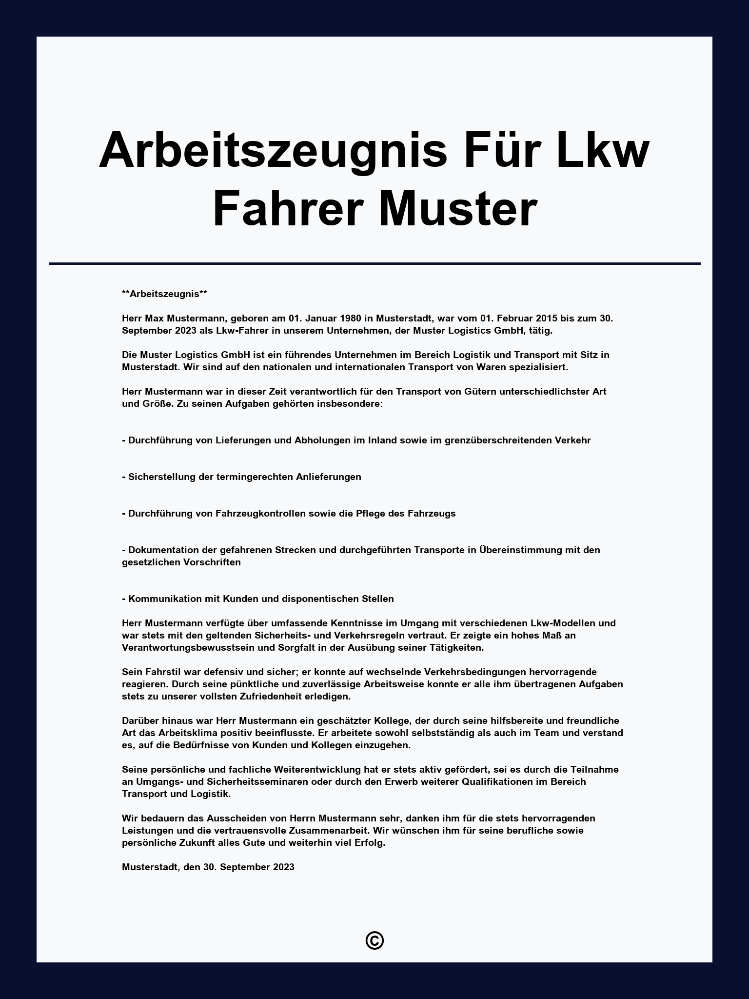 Arbeitszeugnis Für Lkw Fahrer Muster