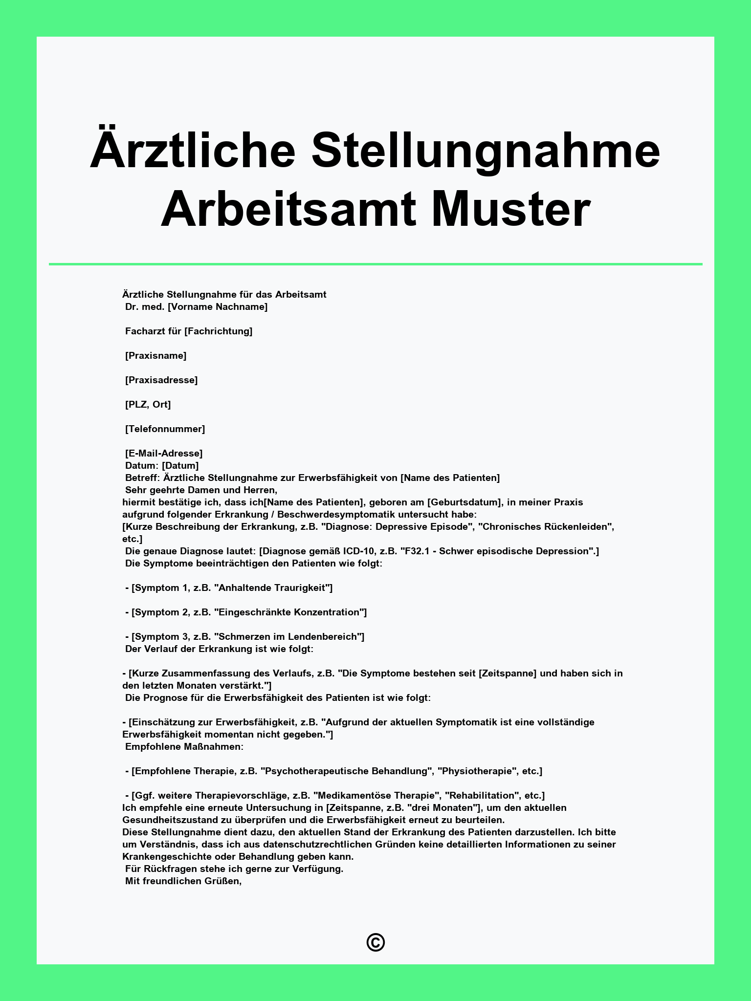 Ärztliche Stellungnahme Arbeitsamt Muster