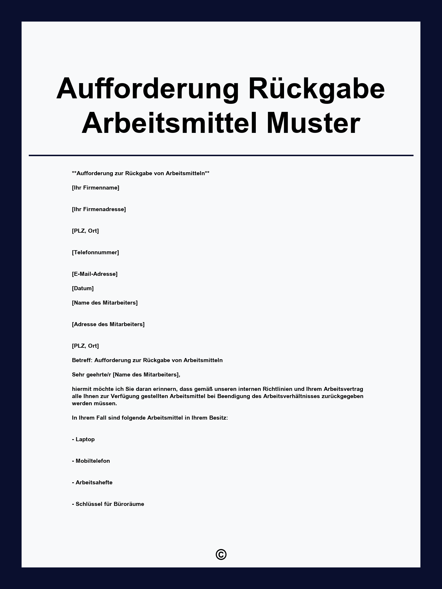 Aufforderung Rückgabe Arbeitsmittel Muster