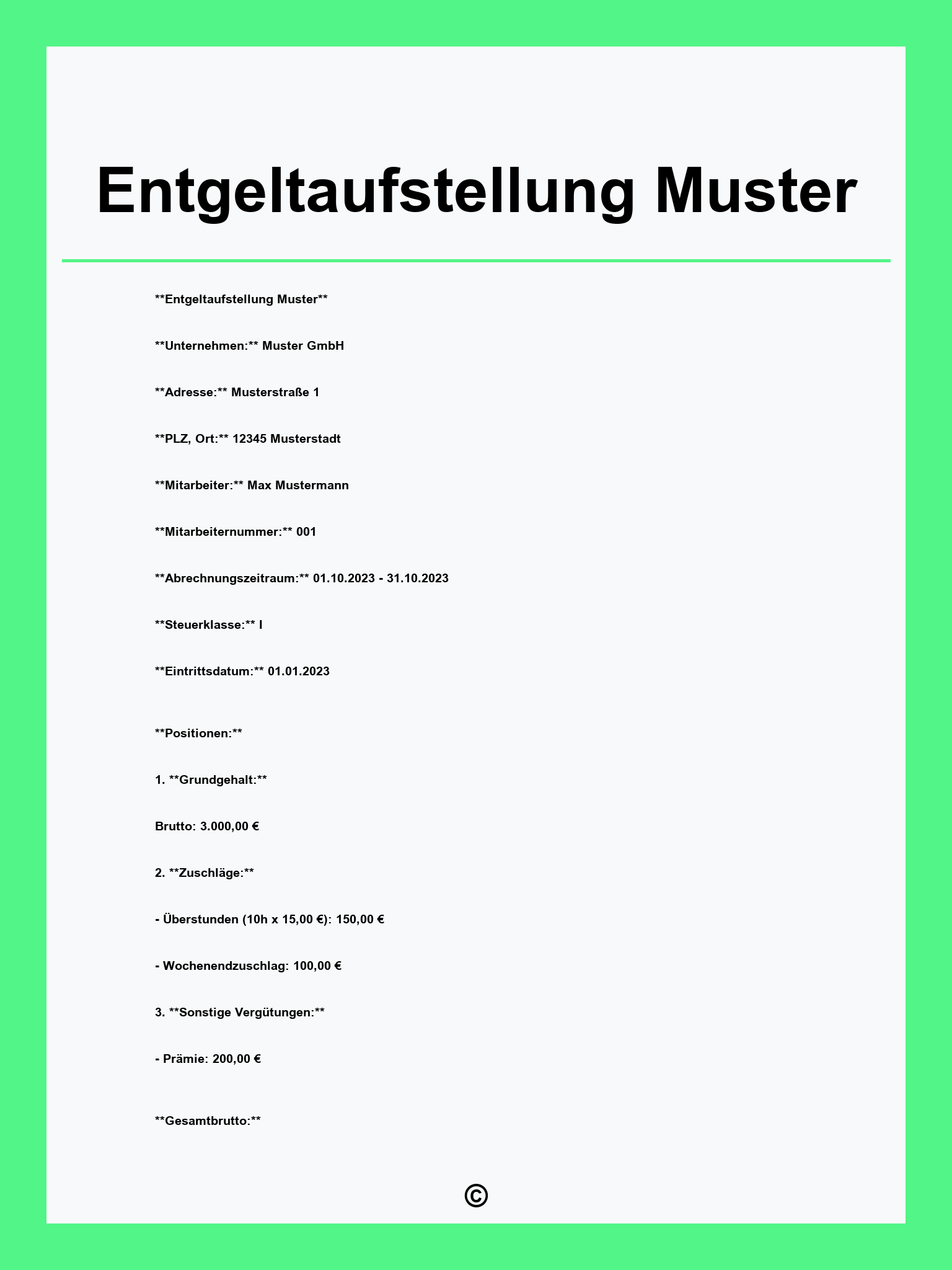 Entgeltaufstellung Muster