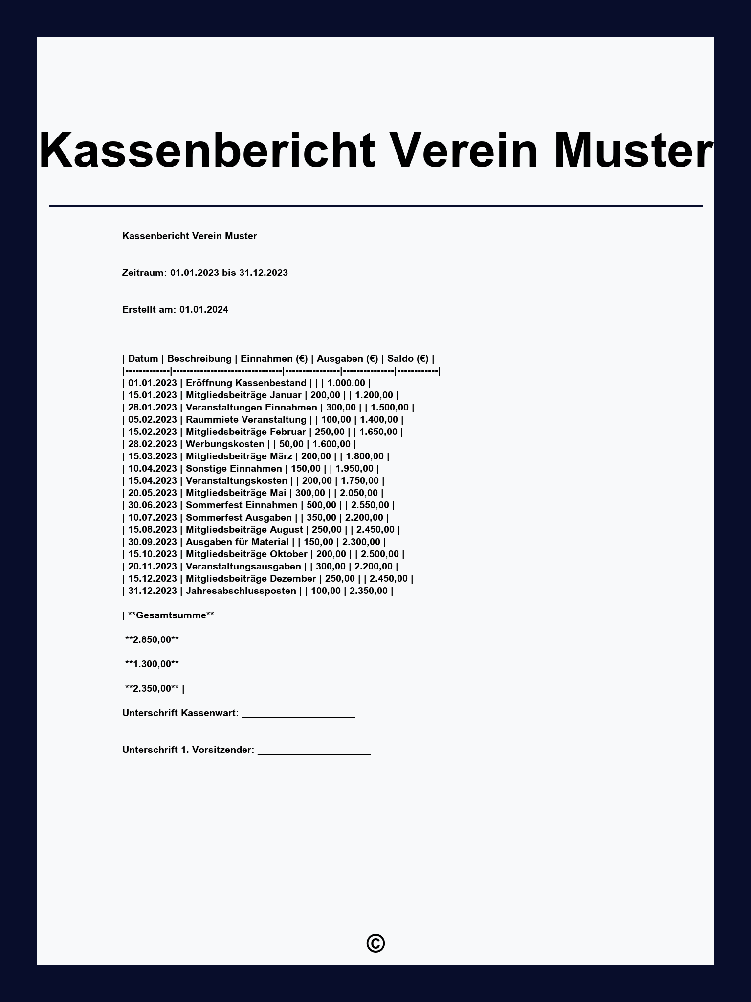 Kassenbericht Verein Muster