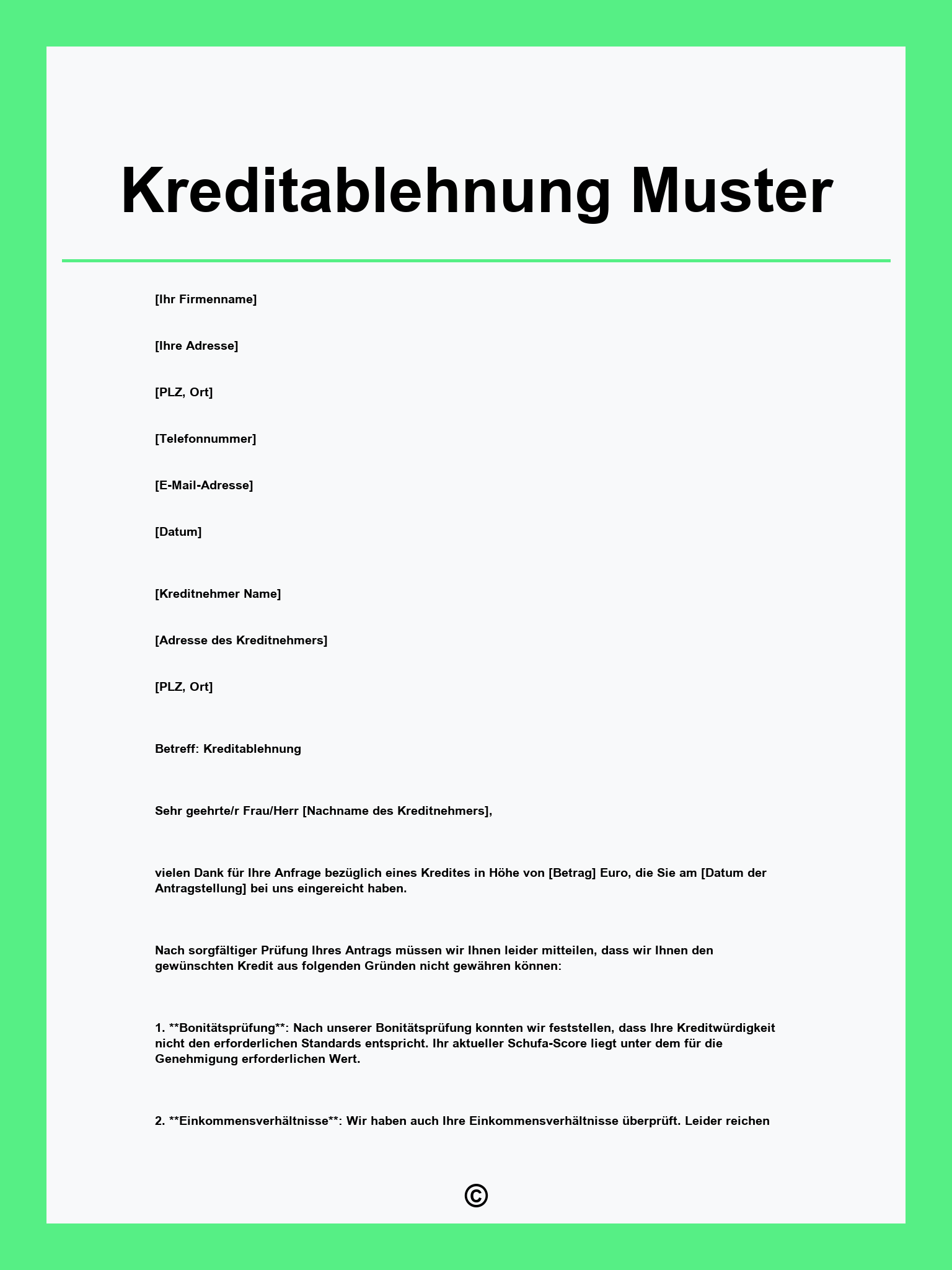 Kreditablehnung Muster