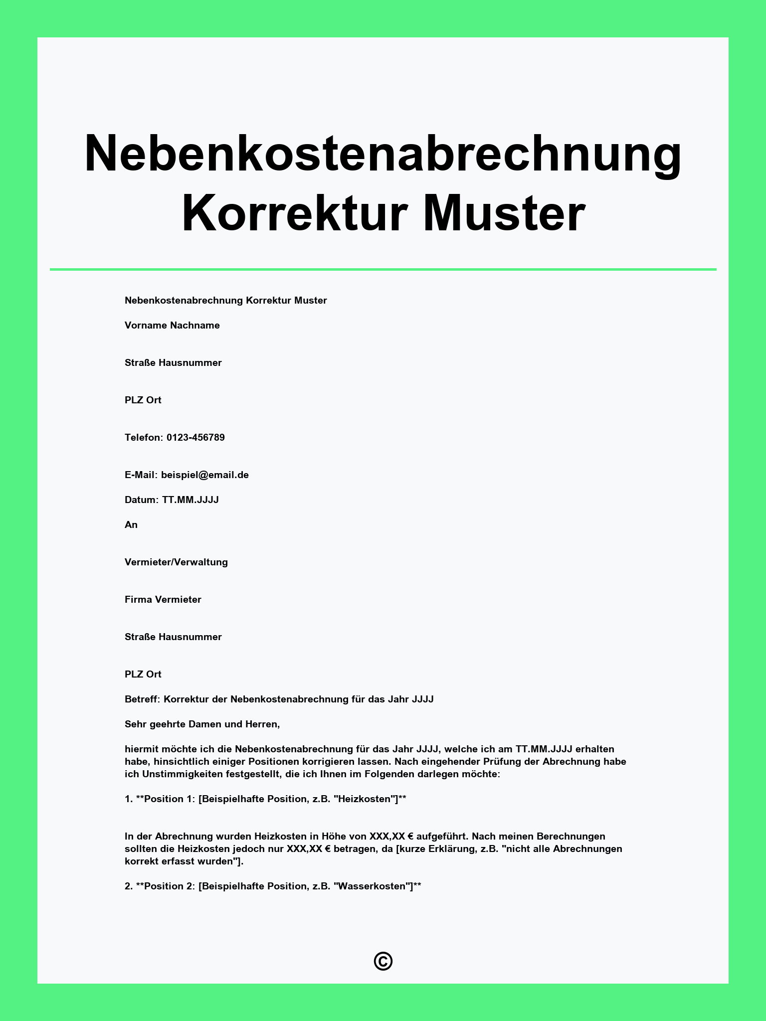 Nebenkostenabrechnung Korrektur Muster